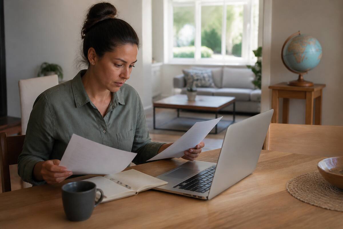 Vakantiechecklist vergelijken aan een keukentafel met laptop en notities