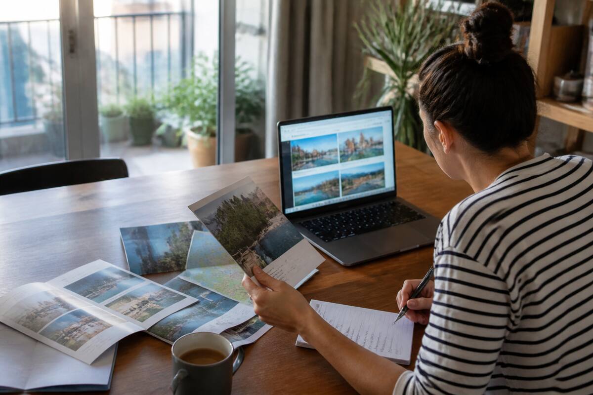 Iemand vergelijkt vakanties en reisdetails op een laptop met reisdocumenten en een checklist