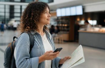 Reiziger bij station met routekaart en smartphone, ideaal als beeld bij reizen en vakanties vergelijken