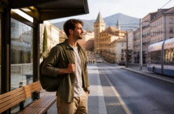 Reiziger in een Europese stad bij een bushalte, passend bij vakantie-oriëntatie