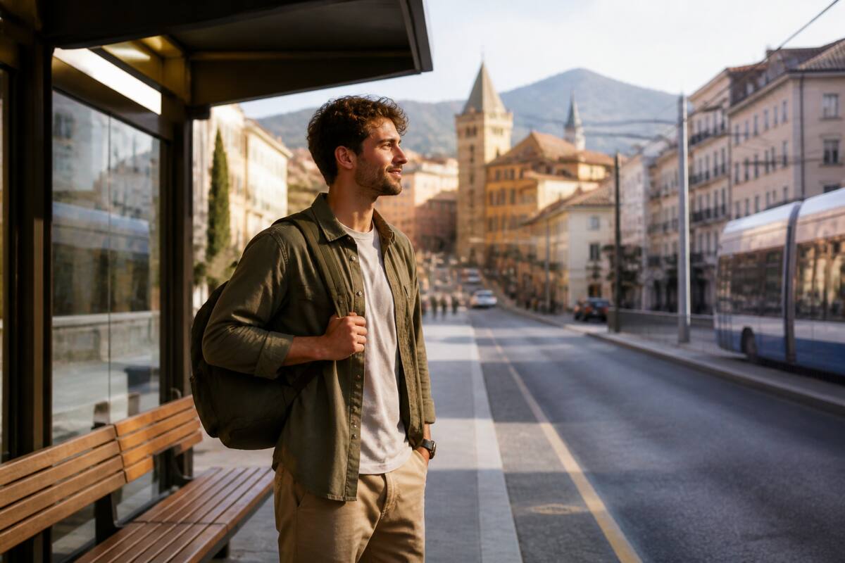 Reiziger in een Europese stad bij een bushalte, passend bij vakantie-oriëntatie