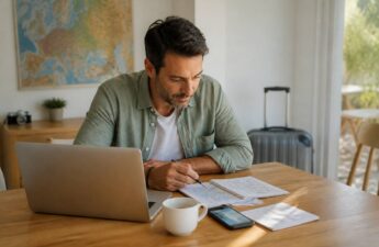 Vakanties vergelijken aan tafel met laptop en reisnotities