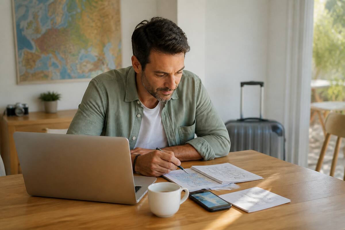 Vakanties vergelijken aan tafel met laptop en reisnotities