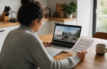 Iemand die op een laptop en met een checklist vakanties vergelijkt