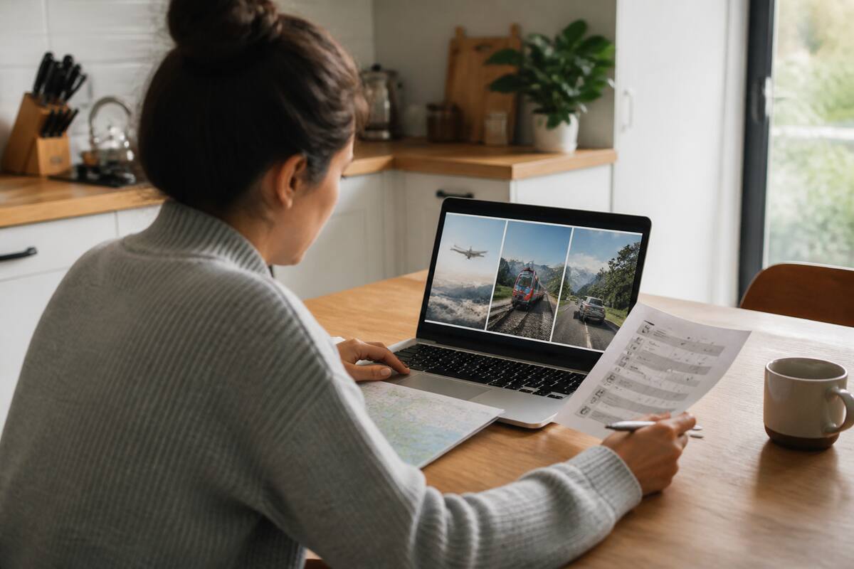 Iemand die op een laptop en met een checklist vakanties vergelijkt