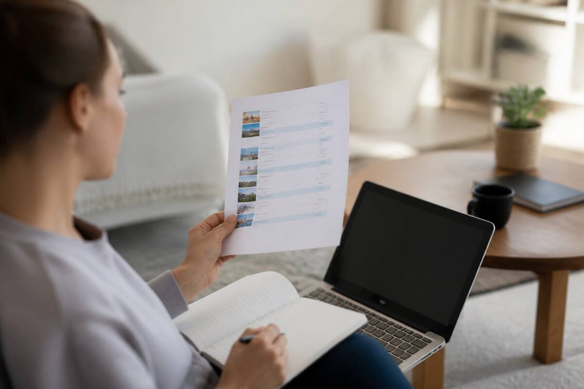 Een persoon vergelijkt vakanties op een laptop met een notitieboekje