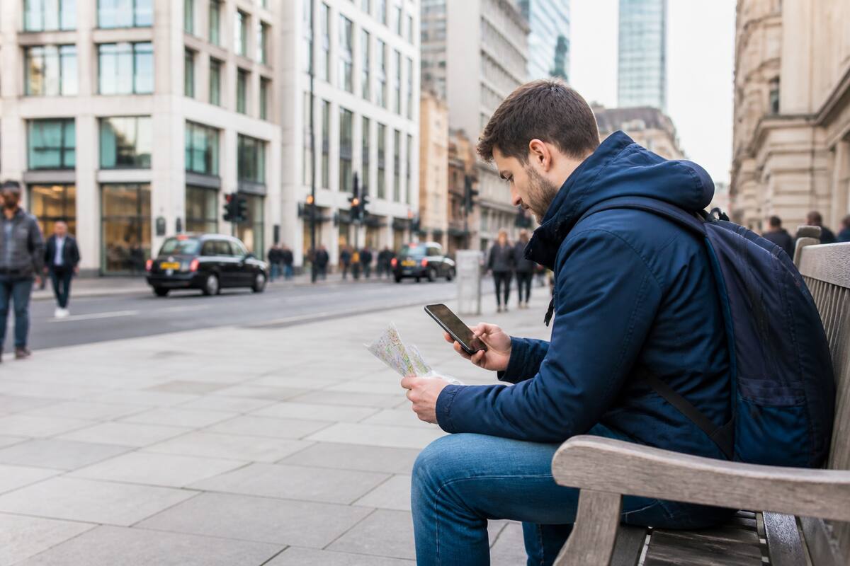 Reiziger bekijkt een stedentrip-route en vergelijkt vakantie-opties op een smartphone