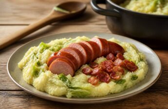 Stamppot met aardappelpuree en groente in een warme, huiselijke setting