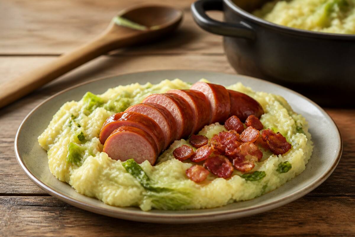 Stamppot met aardappelpuree en groente in een warme, huiselijke setting